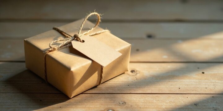A rustic, handcrafted package tied with twine, featuring a blank label, rests on a sun-drenched wooden surface.