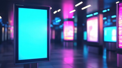Fototapeta premium Modern digital kiosks and interactive touch screens in a vibrant setting with bright colors and copy space for advertising or information