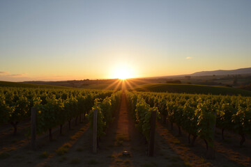 Naklejka premium Vineyard at sunset with rows of grapevines and long shadows