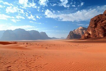 Fototapeta premium Expansive desert landscape with distant mountains under a bright blue sky and scattered clouds