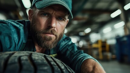 A dedicated mechanic closely inspects a tire in a workshop, reflecting the attention to detail and commitment to quality in automotive maintenance and services.