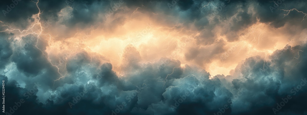 Poster dramatic cloud formation with synchronized lightning bolts creating a dynamic natural scene and ampl