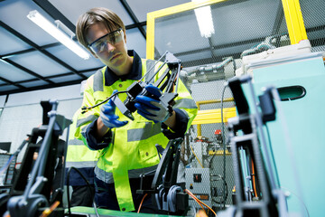 automation machine engineer students study and inspection control robot arm machine in robotics...