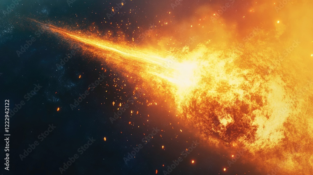Poster cross section of a meteor entering the atmosphere illuminated with fiery particles and cosmic backgr