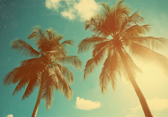 Cinematic wide shot of tropical beaches on a sunny day, featuring lush palm trees, green and blue skies, and hyper-realistic details, captured in high resolution for an immersive natural landscape