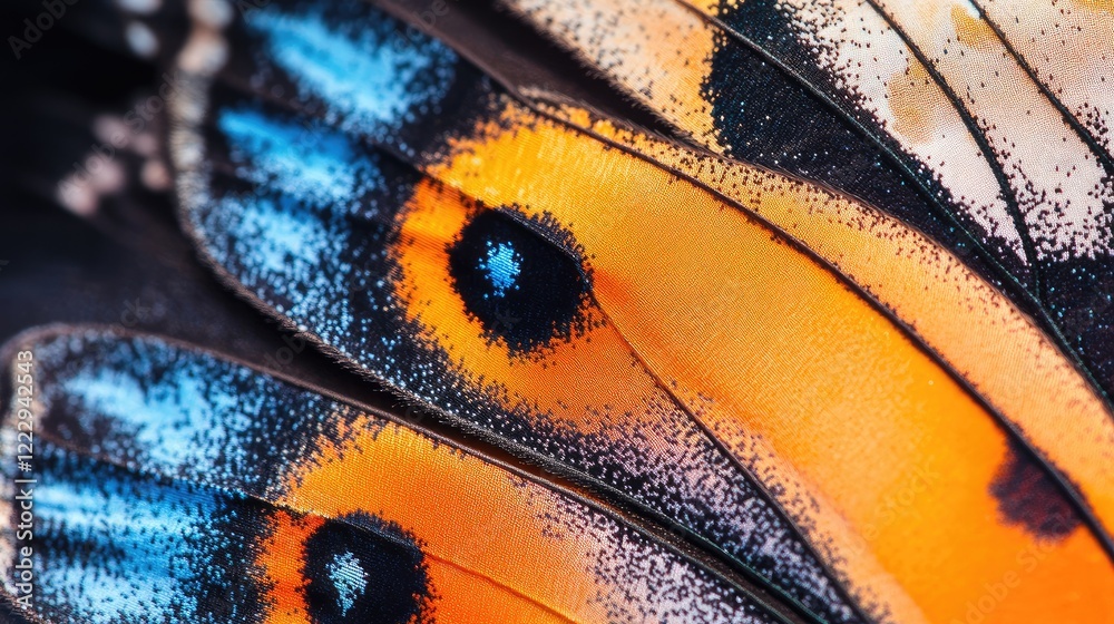 Poster magnified butterfly wing texture with colorful patterns and blank area for custom text or design ele