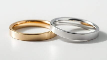 Elegant close-up of gold and silver wedding bands against a minimalist background ideal for showcasing love and commitment themes.