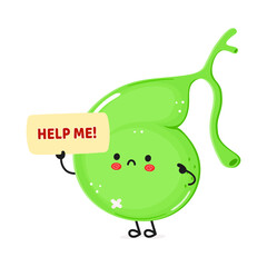 Cute sad sick Gallbladder asks for help character. Vector hand drawn cartoon kawaii character illustration icon. Isolated white background. Suffering unhealthy Gallbladder concept