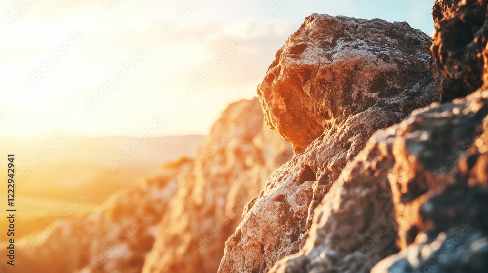Poster close up view of textured rock formation bathed in warm sunlight with ample empty space for text or 