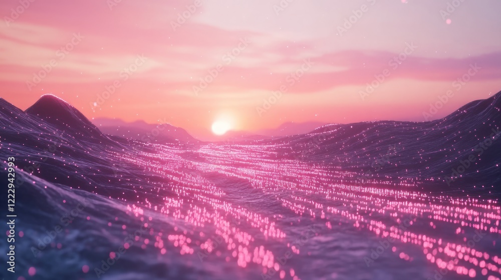 Poster vibrant digital landscape with flowing data streams and a serene sunset creating a visually captivat