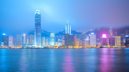 Fototapeta premium stunning city skyline at dusk, featuring illuminated skyscrapers and serene waterfront. vibrant lights reflect on water, creating captivating urban scene