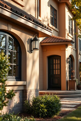 Fototapeta premium Luxury Home Exterior: Elegant Brick Facade, Modern Design, Landscaped Garden, and Warm Sunlight