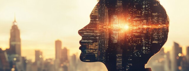 Double Exposure of a Profile Silhouette with Cityscape and Technological Elements for Financial and Digital Innovation Themes