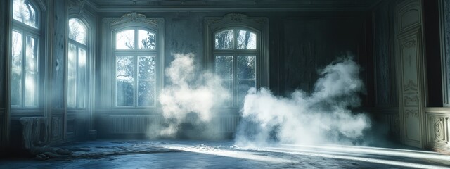 Mysterious indoor atmosphere with swirling smoke and ample empty space for creative text placement in a dramatic setting