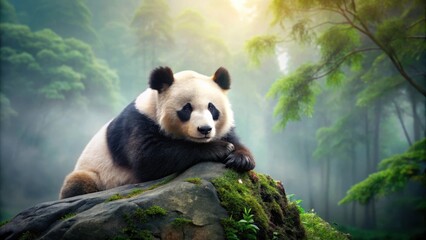 Obraz premium A giant panda bear curls up on a large rock in a misty forest, its fur fluffed up and a peaceful expression on its face , calm, nature