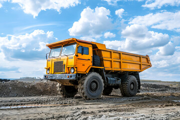 Obraz premium Large yellow dump truck transporting rocks in a mining area, surrounded by a forest landscape.