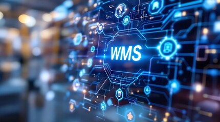 Digital Interface Displaying WMS Warehouse Management System with Icons, Streamlining Logistics and Supply Chain Operations