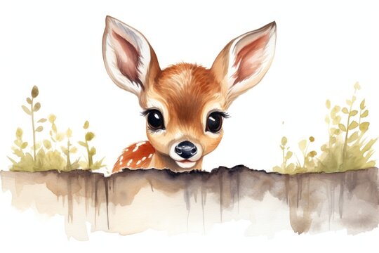 watercolor fawn peeking over brown earth clip art preview
