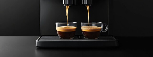 Freshly brewed double shot espresso pouring into glass cups on a sleek black coffee machine with ample blank space for text or branding.