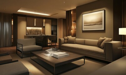 Modern living room interior design, concept using Pantone's 2025 colour of the year Mocha Mousse