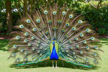 Obraz premium Peacock displaying vibrant tail feathers in sunlit garden