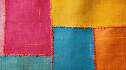 Sewing machine stitching detail on colorful fabric patchwork with vibrant hues and empty space for text or design use