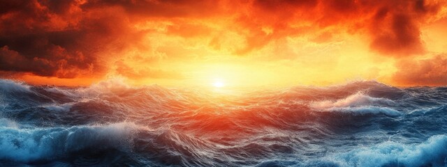 Obraz premium Dramatic Sunset Over Ocean with Gentle Waves and Vibrant Sky Ideal for Nature Background or Inspirational Text Overlay