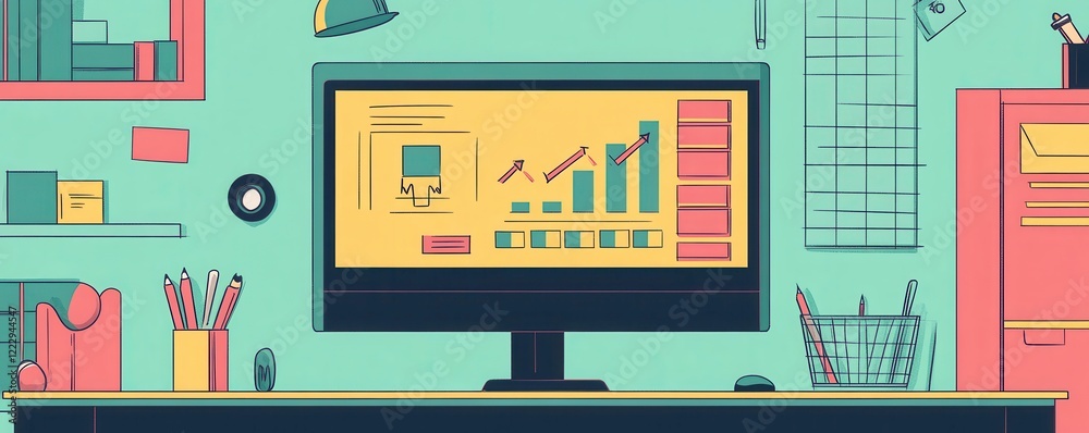 Poster a colorful workspace featuring a computer monitor displaying graphs and data, surrounded by statione