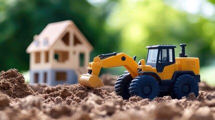 Obraz premium Children's Construction Plans with Toy Excavator and Loader Near Model House on Soil Background with Blank Space for Custom Text