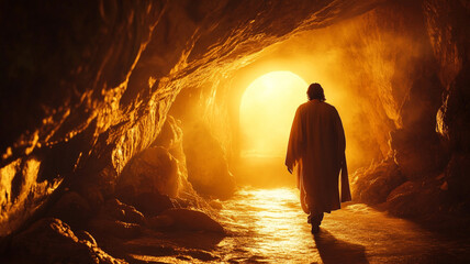 silhouetted figure walking in cave, illuminated by warm glow, evokes sense of peace and spirituality. scene captures moment of reflection and hope