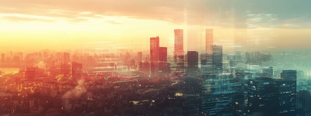 Cityscape Double Exposure with Forex Charts and Trading Graph overlaid for Financial and Business Concepts with Text Space