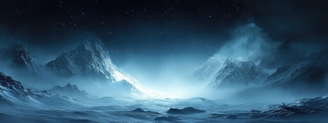 Fototapeta premium Ethereal winter landscape featuring Northern Lights illuminating snowy mountains with expansive empty space for text or branding.