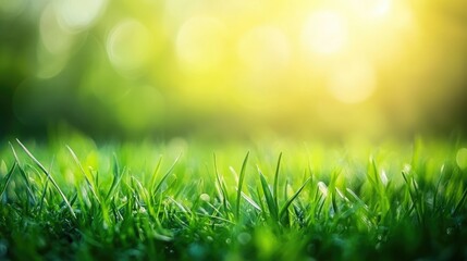 Lush green grass detail with soft sunlight creating an inviting atmosphere and ample copy space for text or graphics