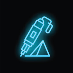 Blue glowing neon icon of a jackhammer drilling a hole in the ground on a black background