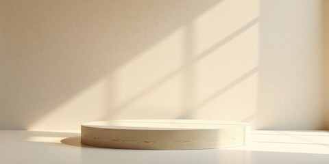 Light Beige Circular Wooden Display Platform Against a Wall with Sunlight Shadows