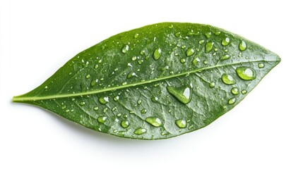 Close-up of a green leaf with dew drops showcasing natural freshness and empty space for text inclusion on a white background