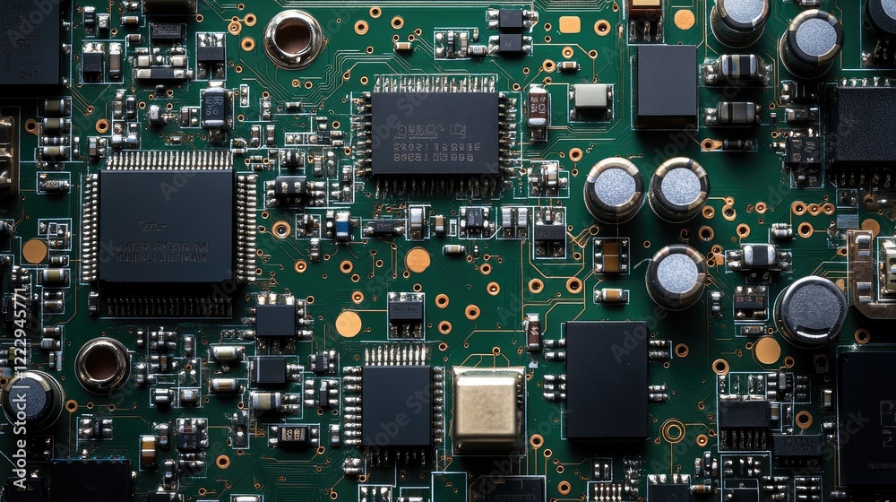 Poster close up of an electronic circuit board with intricate components on a green background featuring am