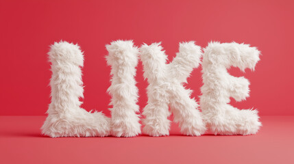 3D Text of the Word "Like" in White Fur on a Red Background. 