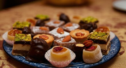 Assorted traditional sweets beautifully arranged on a decorative plate