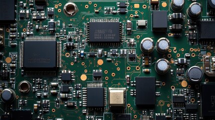 Fototapeta premium Close up of an electronic circuit board with intricate components on a green background featuring ample space for text or design elements