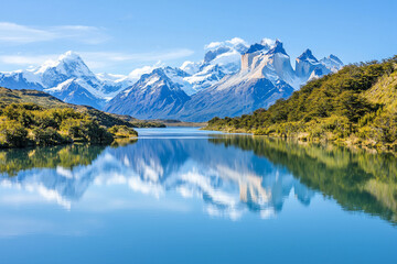 Fototapeta premium Majestic mountain landscape with reflective lake, showcasing nature's beauty in a serene setting