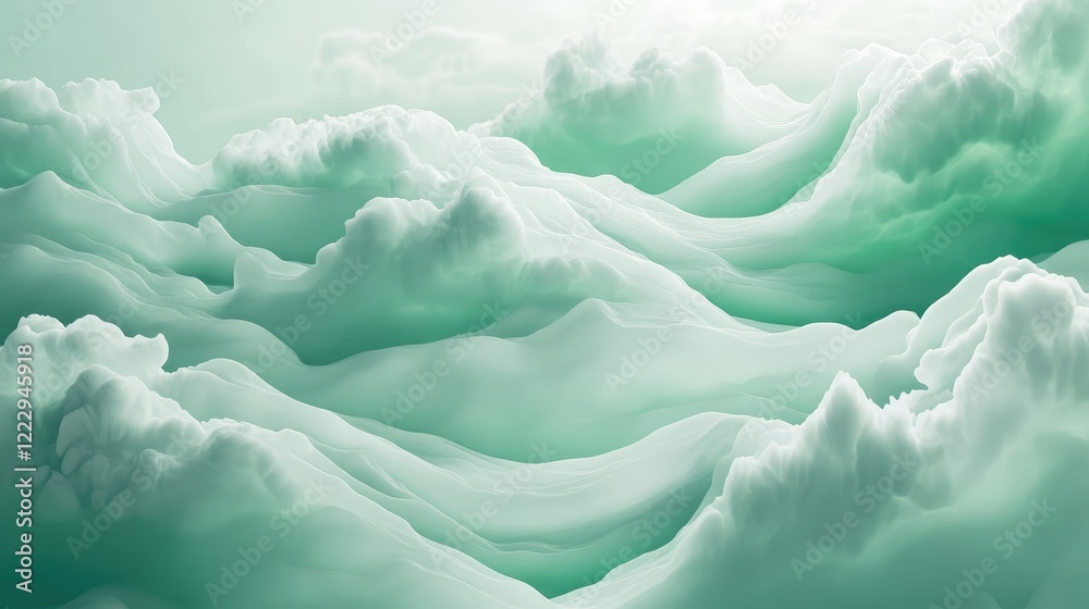 Poster serene green abstract texture featuring soft clouds and waves with ample empty space for text and de