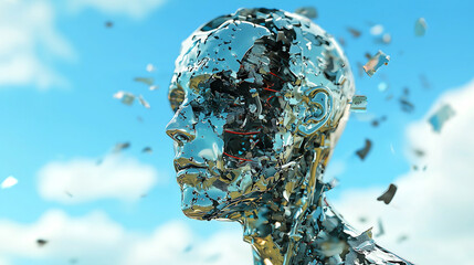 Digital wellness and mental health concept featuring fragmented metallic humanoid figure against blue sky. This symbolizes intersection of technology and human emotion