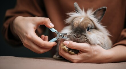 Grooming a fluffy rabbit with nail clippers for pet care