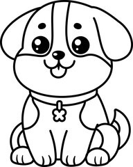 A cute cartoon puppy sitting with a happy expression and a collar. Simple black and white line art illustration, great for coloring books or a minimalist design