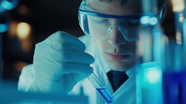 A close-up of a scientist in a lab coat and safety goggles, carefully handling a test tube filled with a vibrant blue liquid in a modern laboratory, Scientific laboratory scene