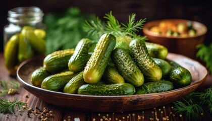 Plate of pickled cucumbers sits on a wooden table