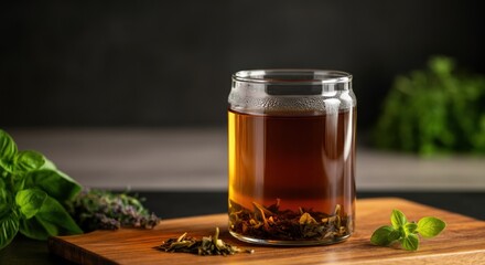 Fototapeta premium Freshly brewed herbal tea in a glass jar with mint leaves