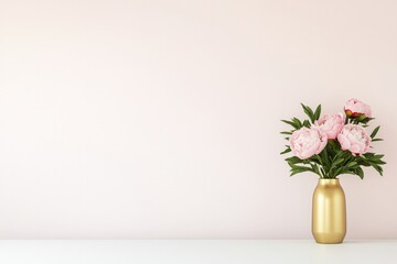 Delicate pink peonies in elegant gold vase against soft pastel b