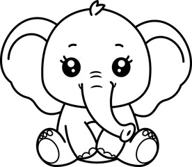 Obraz premium A cute cartoon baby elephant sitting down with a friendly expression. Simple black and white line art, perfect for coloring pages or a minimalist design